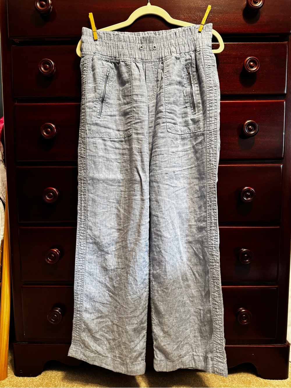 Athleta Cabo Linen Wide Leg Pants Chambray Blue Elastic Waist Size 8